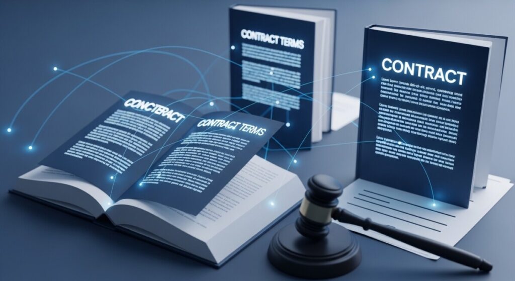 빛나는 법전과 판사봉 이미지가 계약의 법적 근거와 지체상금의 위약금 성격을 시각적으로 설명합니다.