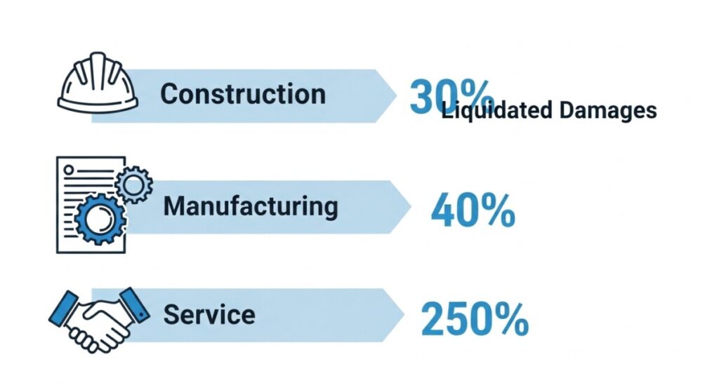 건설, 제조, 용역 등 계약 유형별로 다른 지체상금율을 시각적으로 비교하는 깔끔한 인포그래픽.