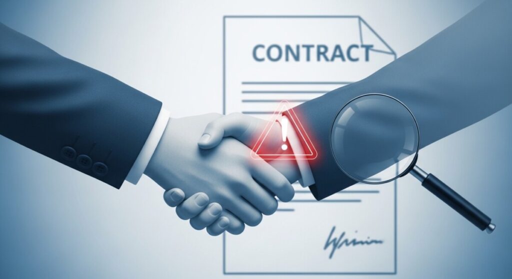 두 사람이 악수하는 모습에 경고 표시가 더해져 민간 계약 시 지체상금 조항의 신중한 검토 필요성을 강조합니다.