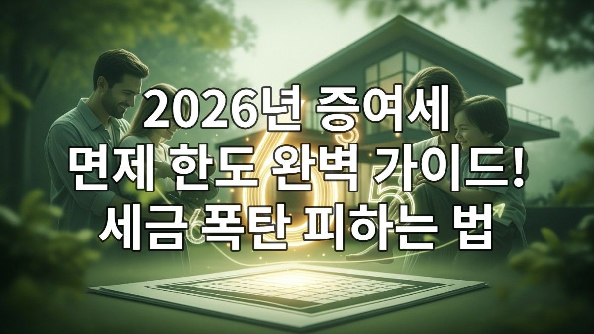 푸른 숲을 배경으로 가족이 평화롭게 미소 짓고 있으며, 재무 서류와 함께 2026년 증여세 면제 한도를 나타내는 금액(예: 6억, 5천만)이 어우러져 안전하고 현명한 가족 자산 이전을 상징하는 이미지.