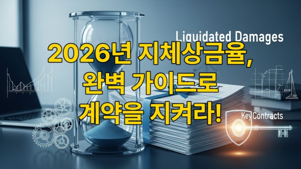 푸른색 톤의 깔끔한 사무실 배경에 놓인 모래시계와 계약서류, 그리고 핵심 열쇠 이미지가 2026년 지체상금의 중요성을 상징적으로 나타냅니다.