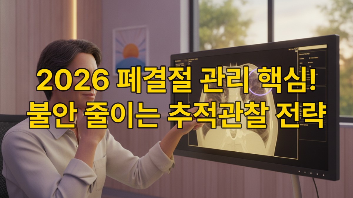 의료진과 함께 폐 CT 영상을 보며 폐결절 진단에 대해 상담하는 환자의 모습. 차분하고 희망적인 분위기.