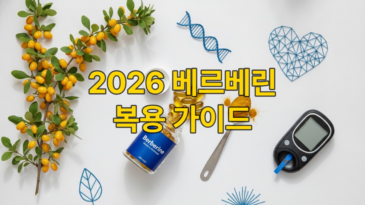 베르베린 캡슐과 신선한 매자나무 열매, 혈당 측정기 등이 조화롭게 놓여 건강과 과학적 효능을 상징하는 모습.