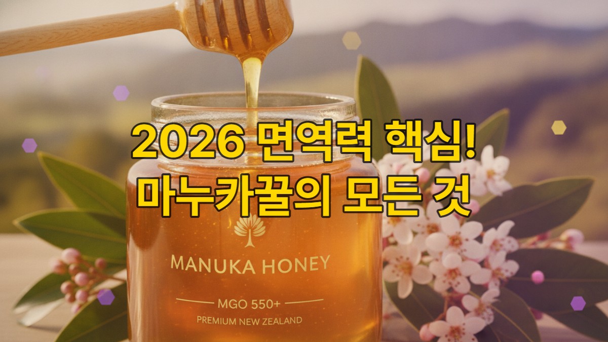 금빛 마누카꿀이 담긴 유리병과 나무 꿀 스푼, 배경에는 마누카 꽃과 뉴질랜드 자연이 은은하게 보이는 모습으로, 건강하고 활력 있는 이미지를 연출합니다.
