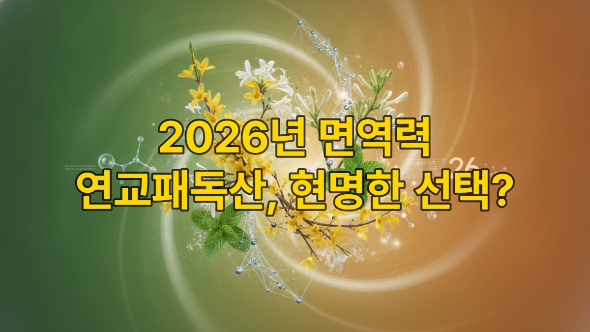 전통 한약재 연교, 금은화 등이 현대적인 건강 아이콘과 어우러져 면역력과 활력을 상징하는 이미지