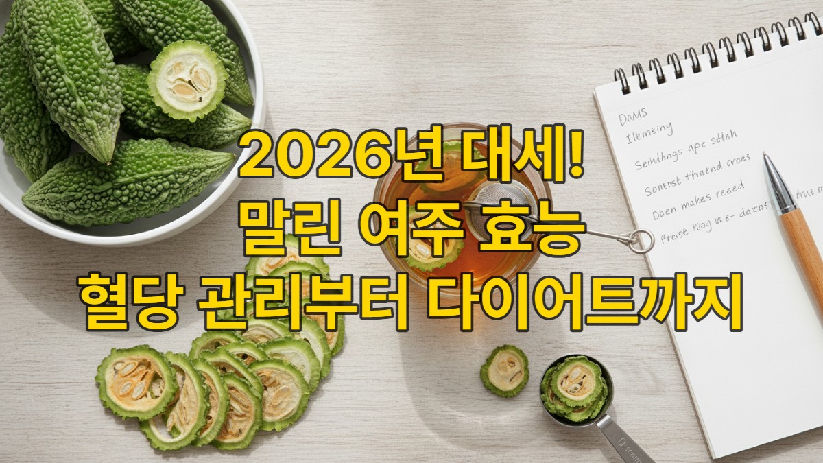 잘 말려진 여주 조각과 투명한 유리잔에 담긴 여주차, 그리고 신선한 여주가 함께 놓여있는 건강하고 깔끔한 이미지. 배경에는 초록색 식물과 건강 관련 서적이 살짝 보인다. 말린 여주 효능과 건강 관리의 느낌을 준다.